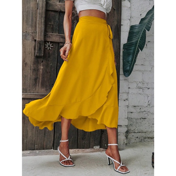 Solid minimalist Wrap Hem Tie Side high low midi skirt - Picture 11 of 11